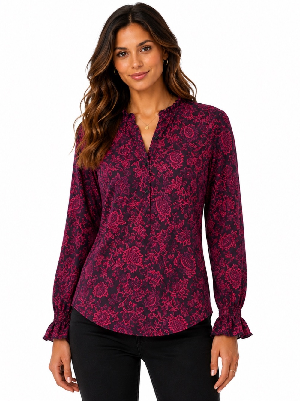 Talbots Burgundy Floral 100% Cotton Ruffle Blouse Size M